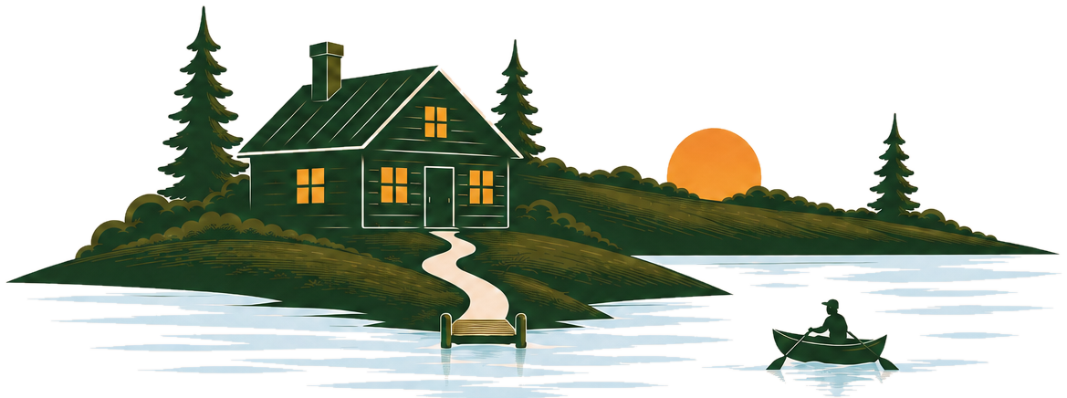 Cabin, lake, sunrise, and rowboat